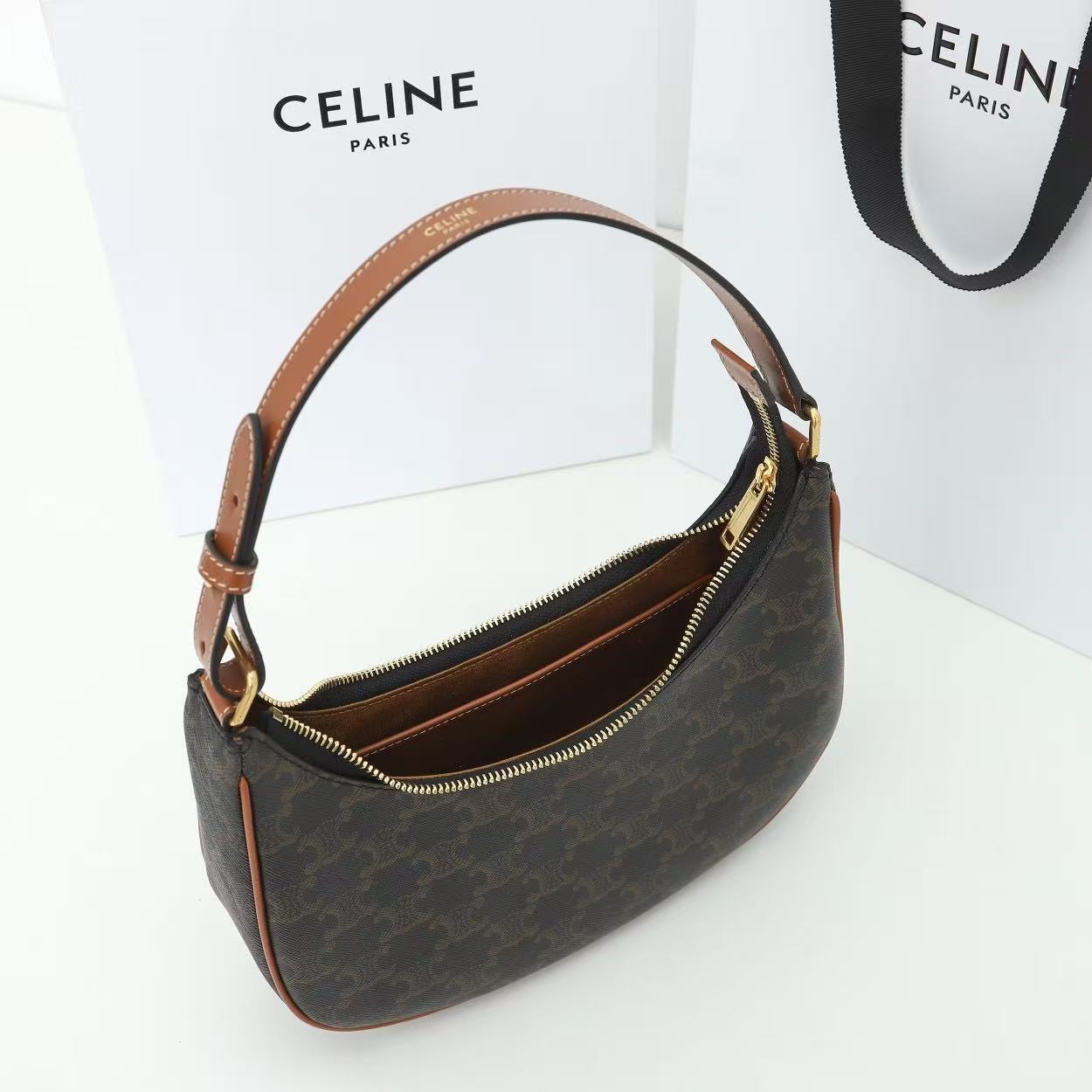 Celine 2026 Ava Shoulder Bag 23cm Black Tan Triomphe Canvas Calfskin