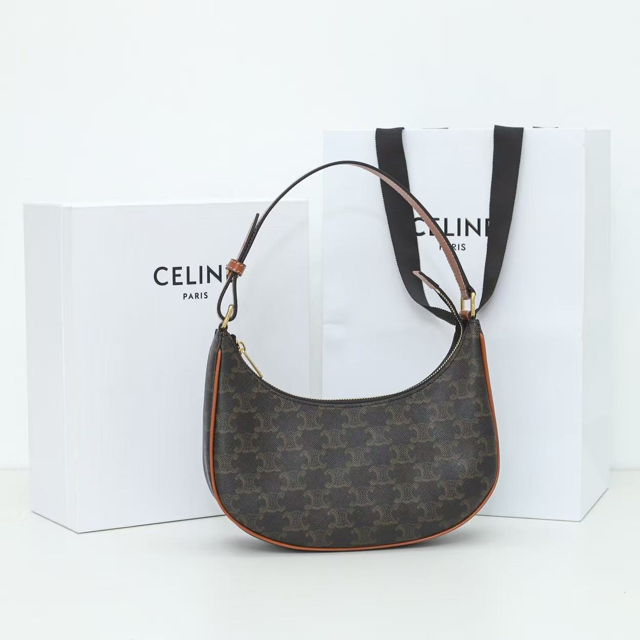 Celine 2026 Ava Shoulder Bag 23cm Black Tan Triomphe Canvas Calfskin