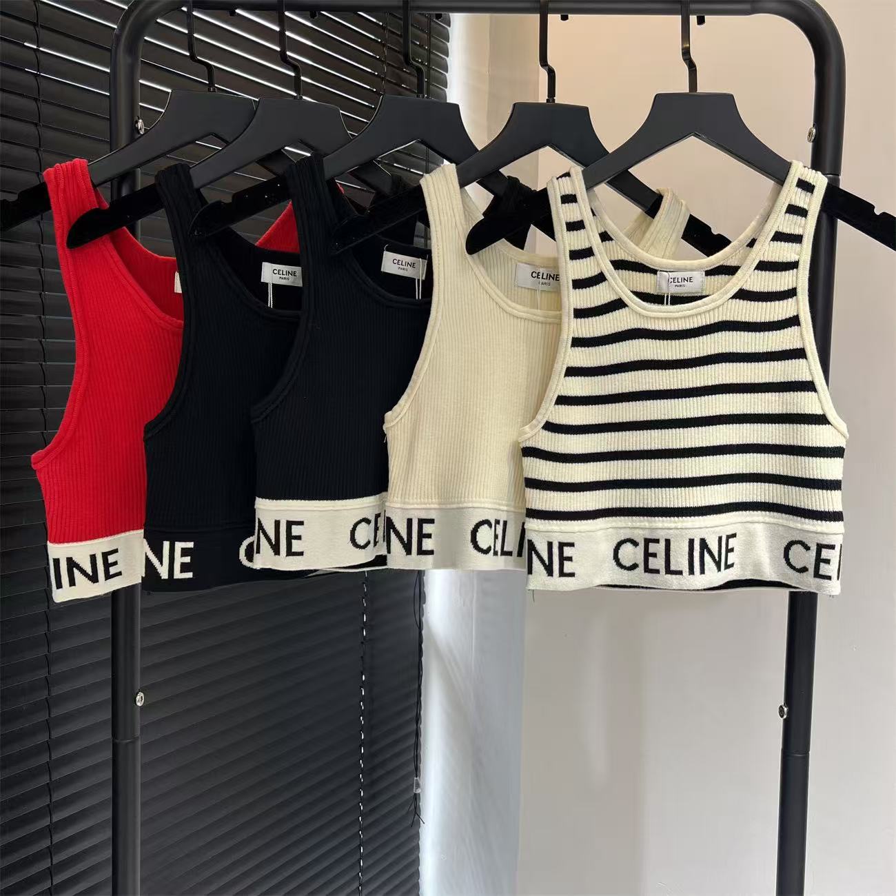 Celine 2026 Knit Rib-knit Logo-detail Crop Tank Top Cotton