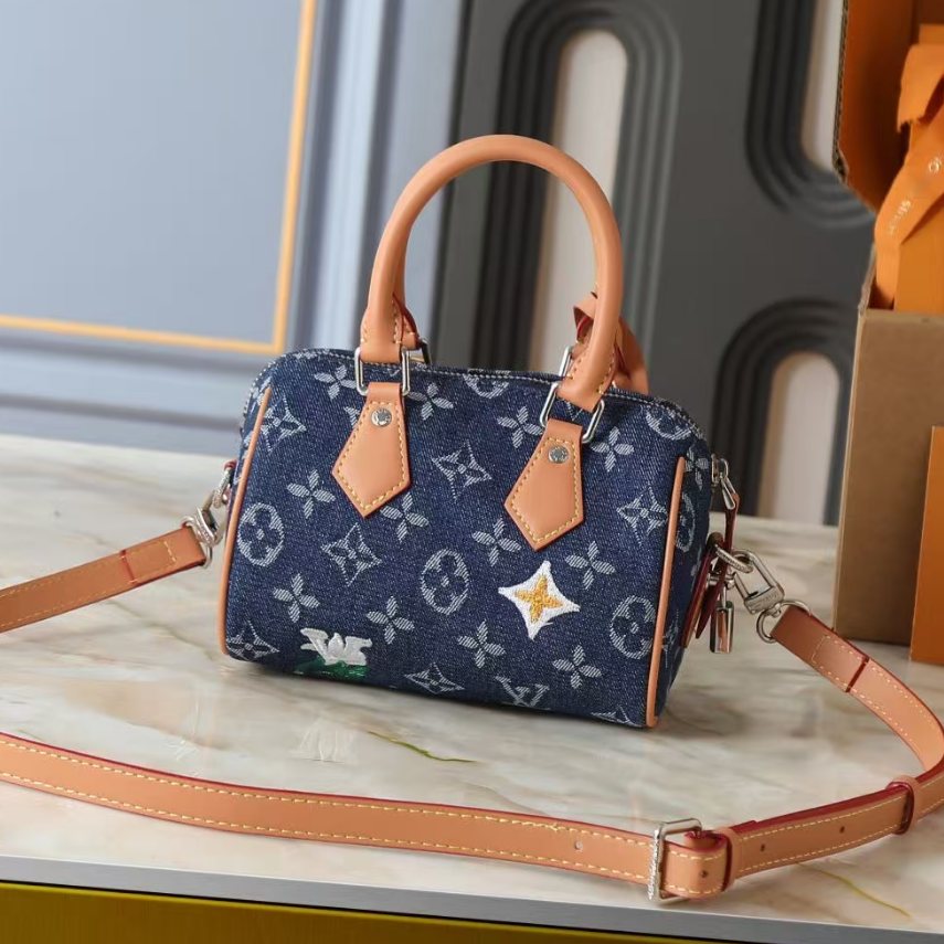 LV 2026 Speedy 18 Bandoulière Bag Blue Brown Denim Leather