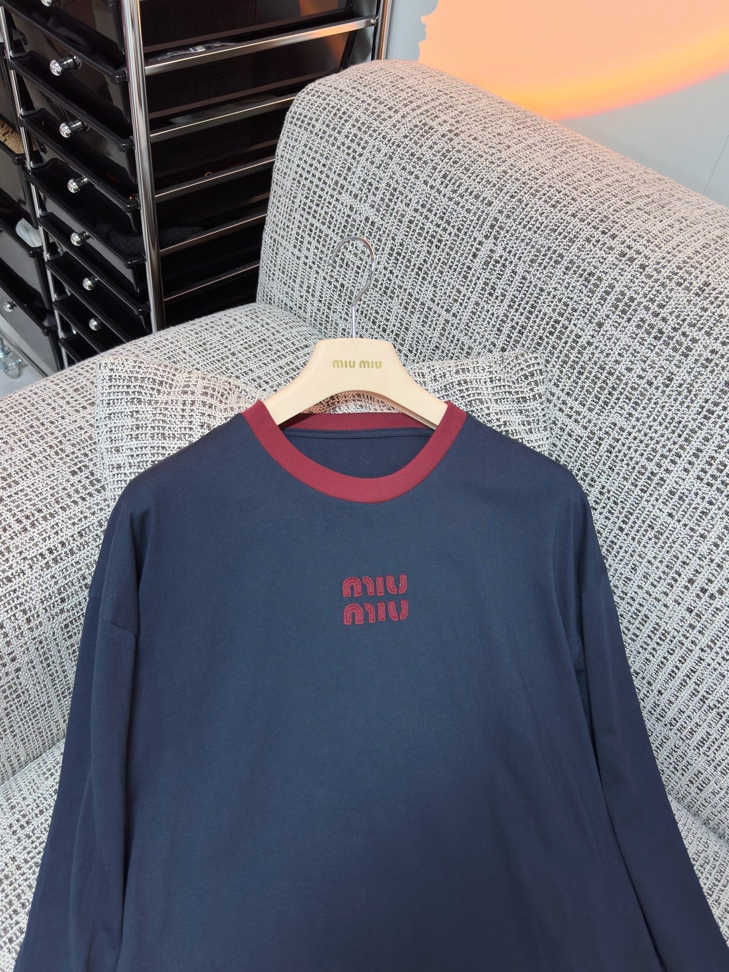 Miu Miu 2026 Long-sleeved T-shirt Navy Blue Red Cotton