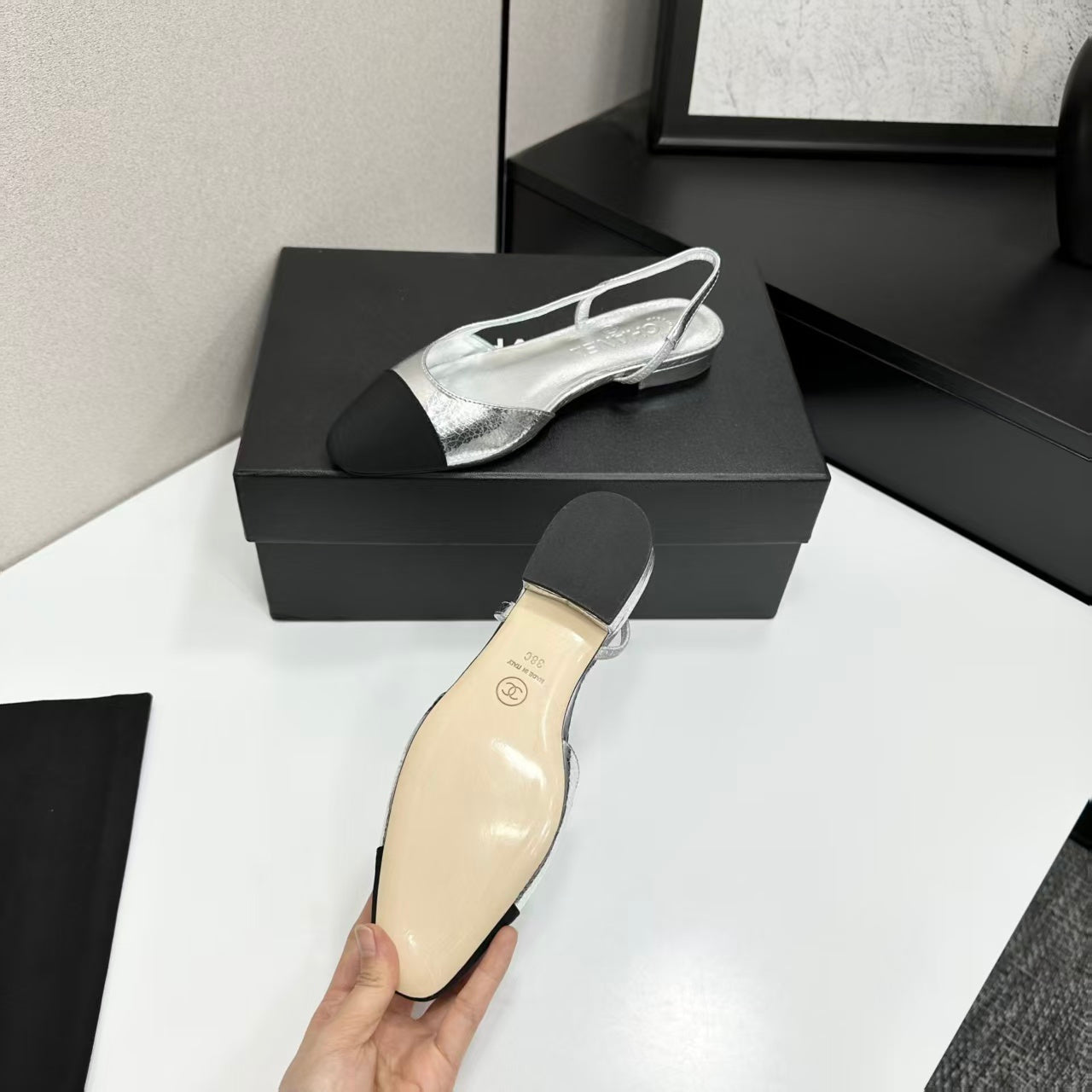 Chanel 2026 Black Toe Slingback 15mm Metallic Lambskin