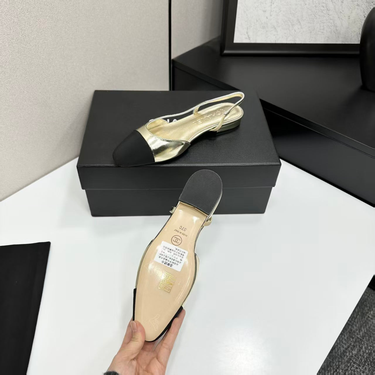Chanel 2026 Black Toe Slingback 15mm Metallic Lambskin