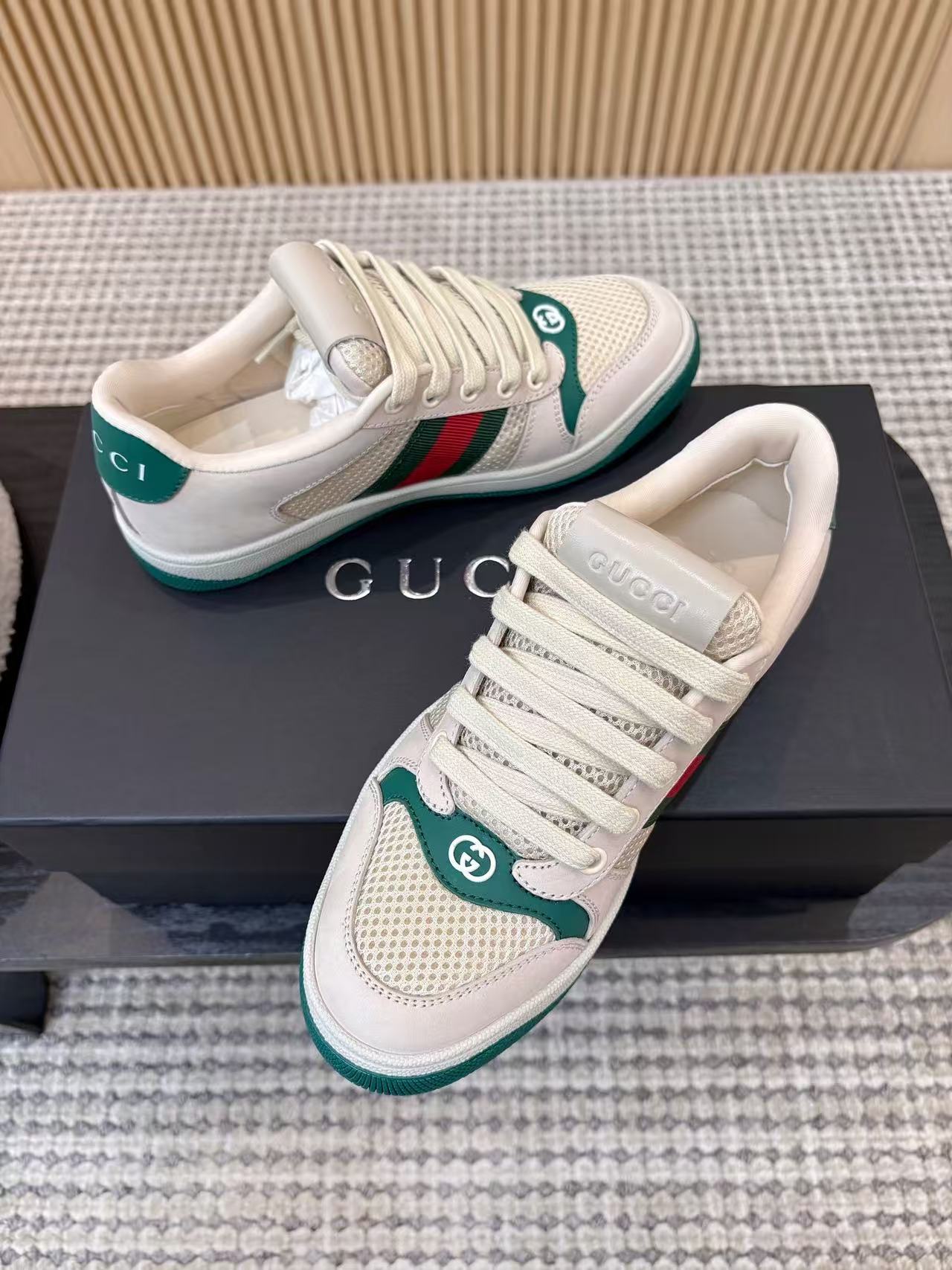 Gucci 2026 Screener Sneaker White Green Red Mesh Leather