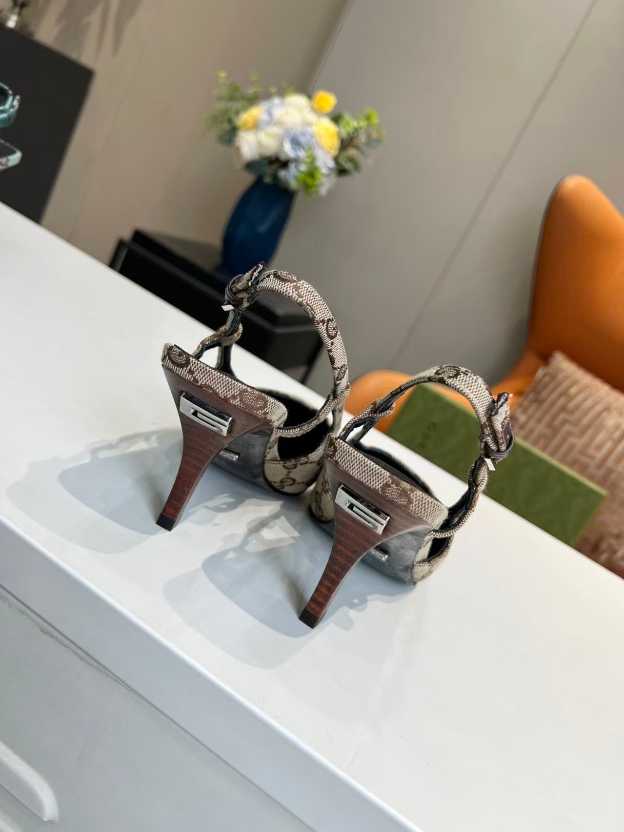 Gucci 2026 Slingback Pump 75mm Brown Canvas Leather