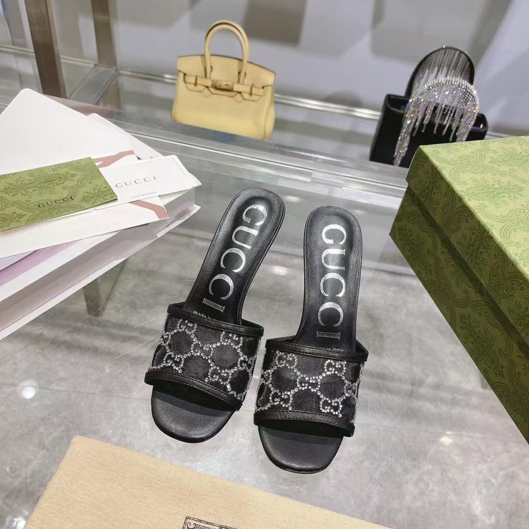 Gucci 2026 Embellished GG Mules 75mm Mesh Leather