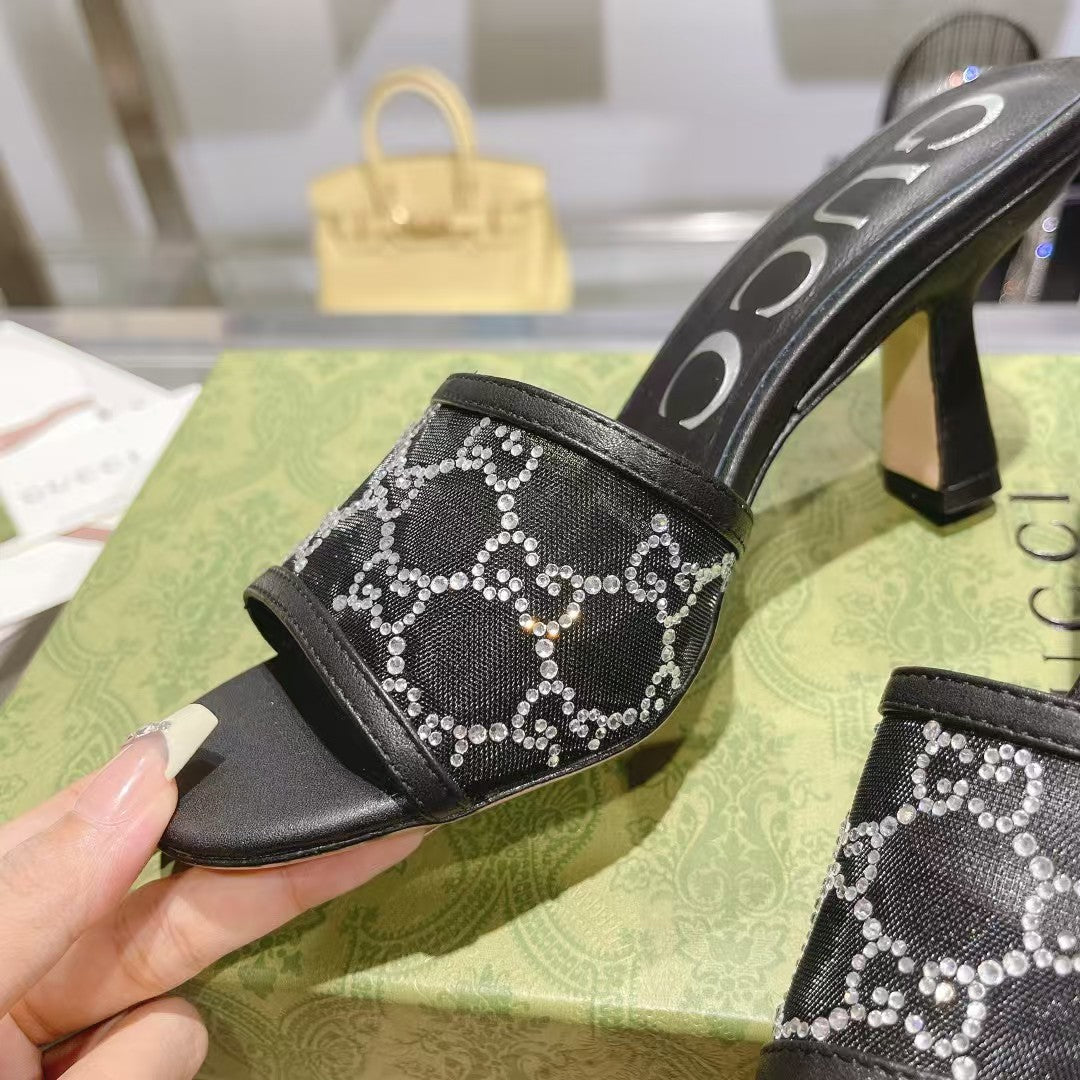 Gucci 2026 Embellished GG Mules 75mm Mesh Leather