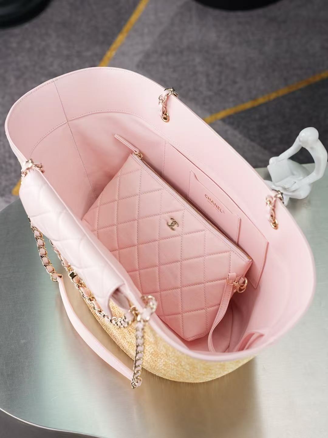 Chanel 2026 Shopping Bag Beige Pink Straw Lambskin