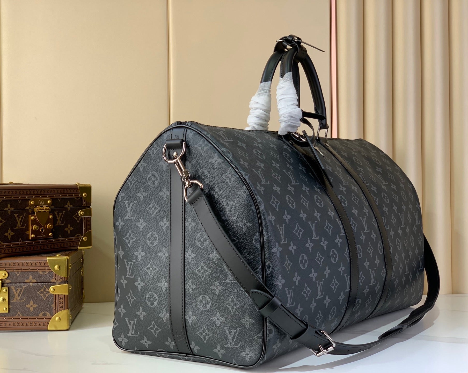 LV 2026 Keepall Bandouliere 55cm Bag Grey Monogram Eclipse Canvas And Cowhide
