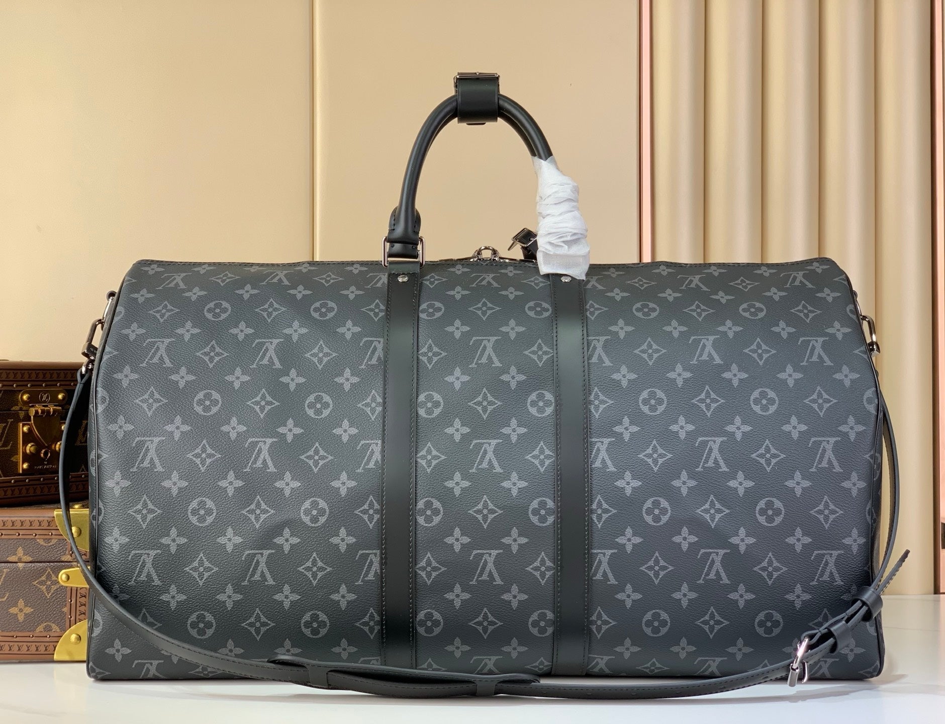 LV 2026 Keepall Bandouliere 55cm Bag Grey Monogram Eclipse Canvas And Cowhide