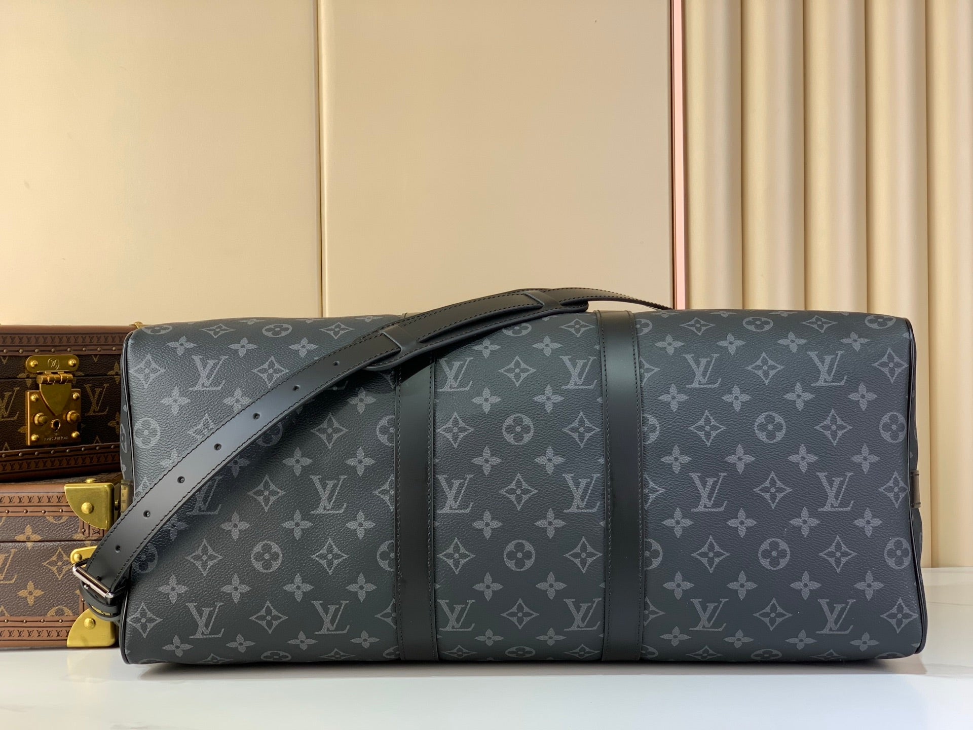 LV 2026 Keepall Bandouliere 55cm Bag Grey Monogram Eclipse Canvas And Cowhide
