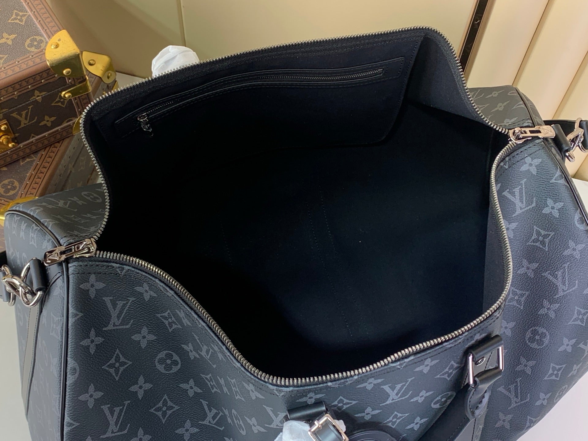 LV 2026 Keepall Bandouliere 55cm Bag Grey Monogram Eclipse Canvas And Cowhide