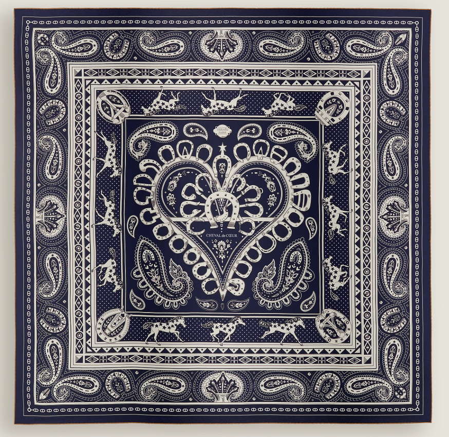 Hermès Cheval de Coeur Bandana Scarf Blue 140 In Cashmere And Silk