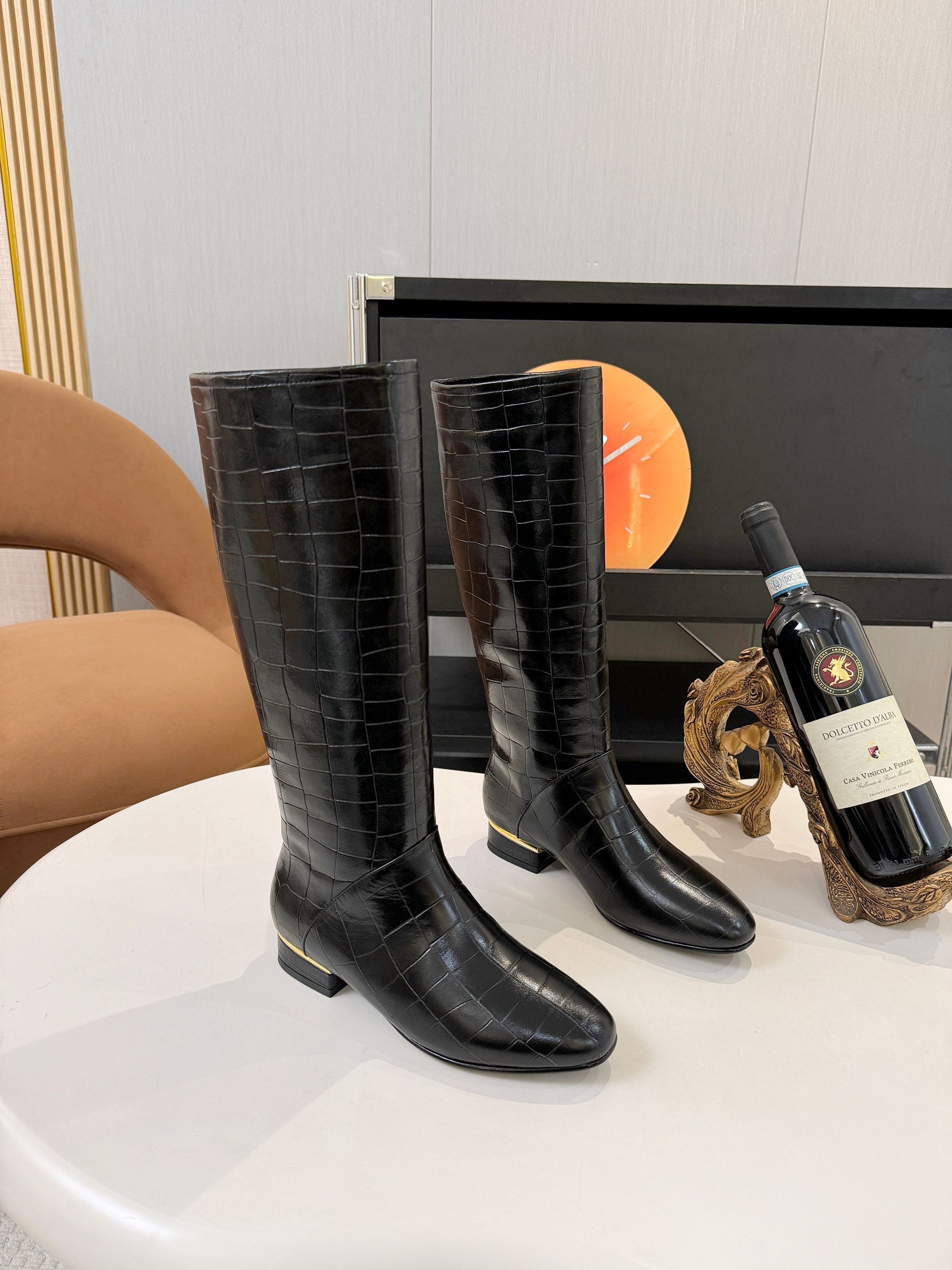 Chanel 2026 Crocodile Embossed Boots Black Leather 985727