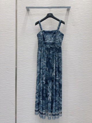CD 25 Print Suspender Skirt Light Gray and Navy Blue Polyester
