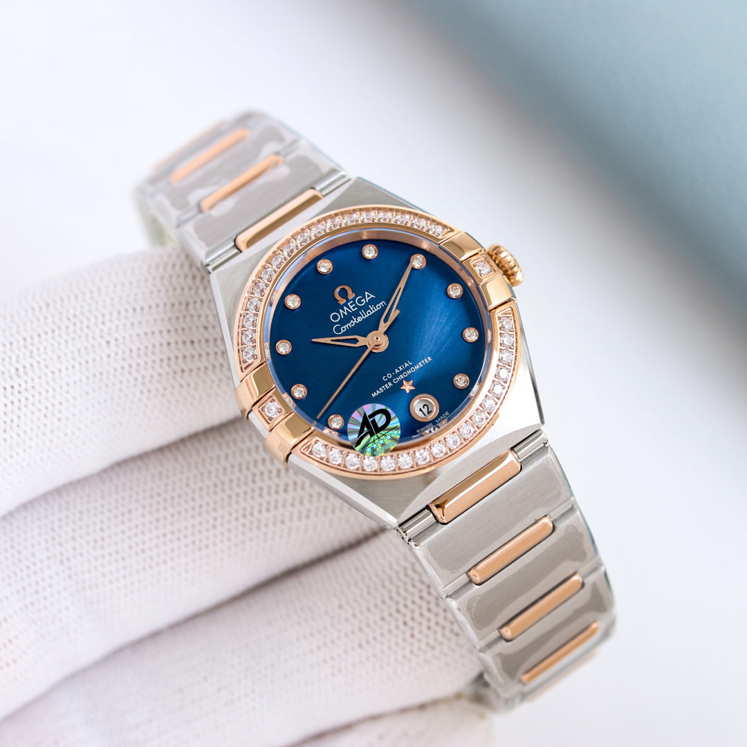 Omega Constellation 29mm Steel Rose Gold Diamond Benzel Blue Dial