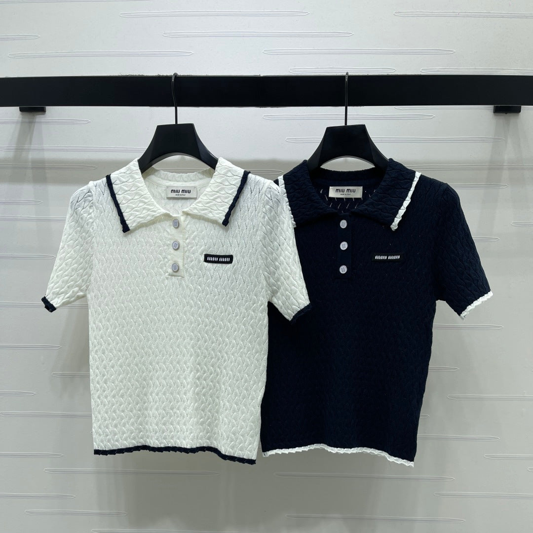 Miumiu 2026 Polo Shirt White and Navy Blue Wool Cashmere 356501