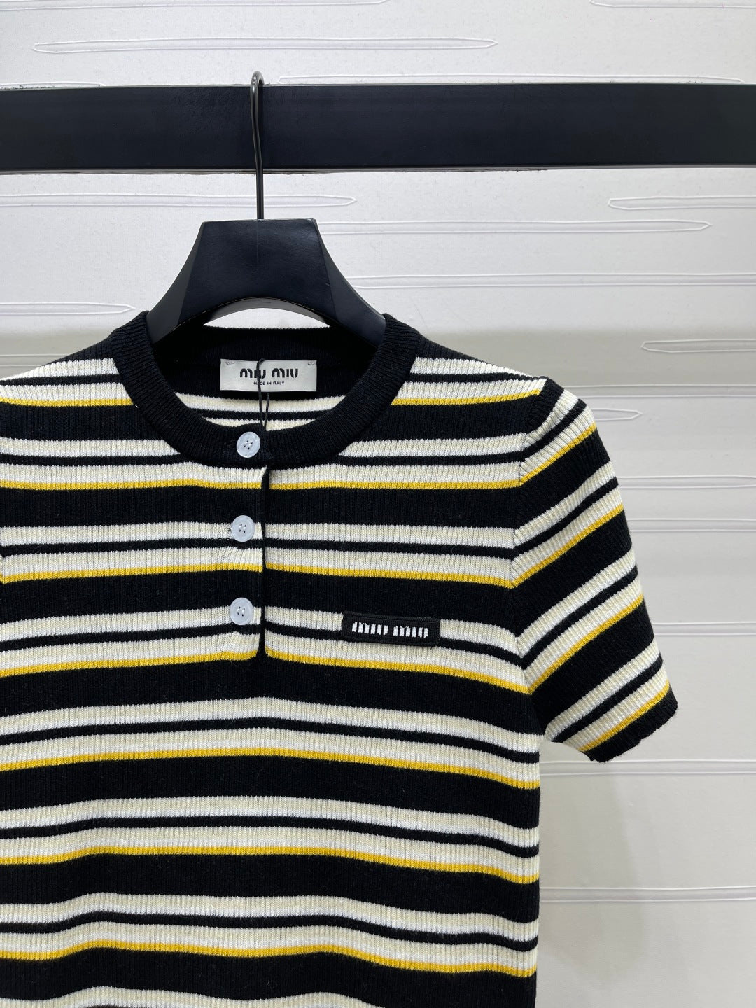 Miumiu 2026 Striped Knit Short-sleeved Top Cream and Black Wool Tencel 356453