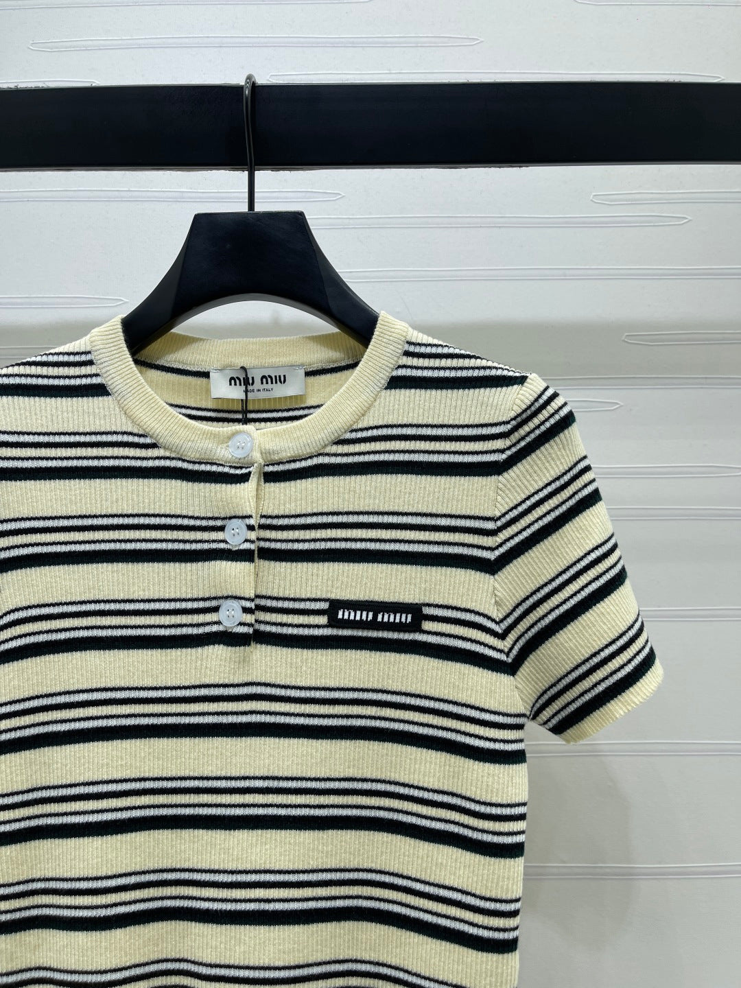 Miumiu 2026 Striped Knit Short-sleeved Top Cream and Black Wool Tencel 356453