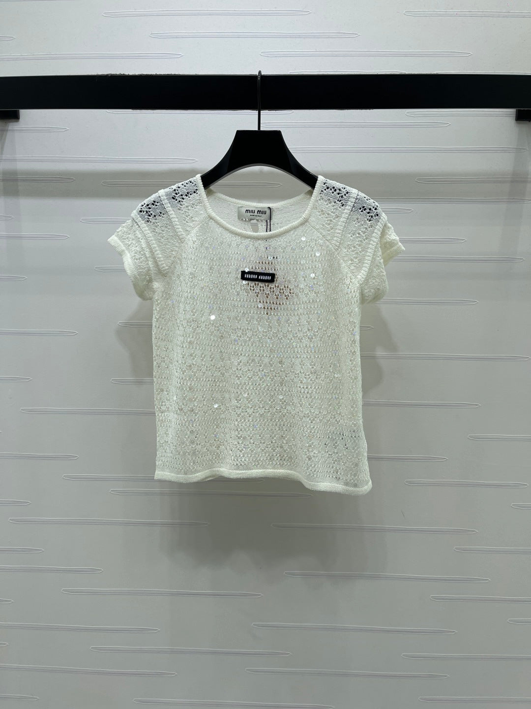 Miumiu 2026 Hollowed-out Knit Top Blue White Wool Polyester