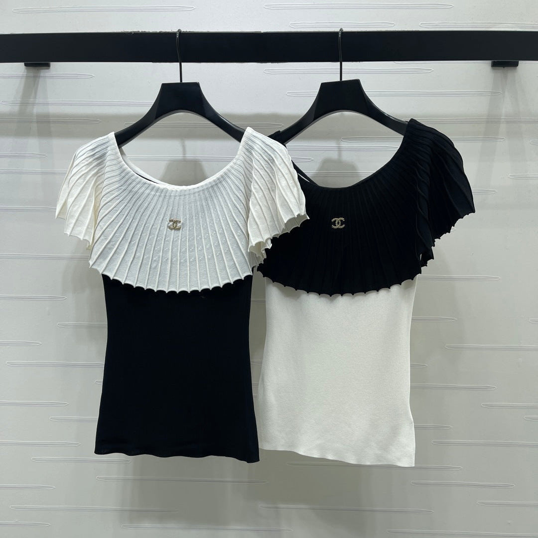 Chanel 2026  Pleated Collar Top Black and White Polyester Viscose