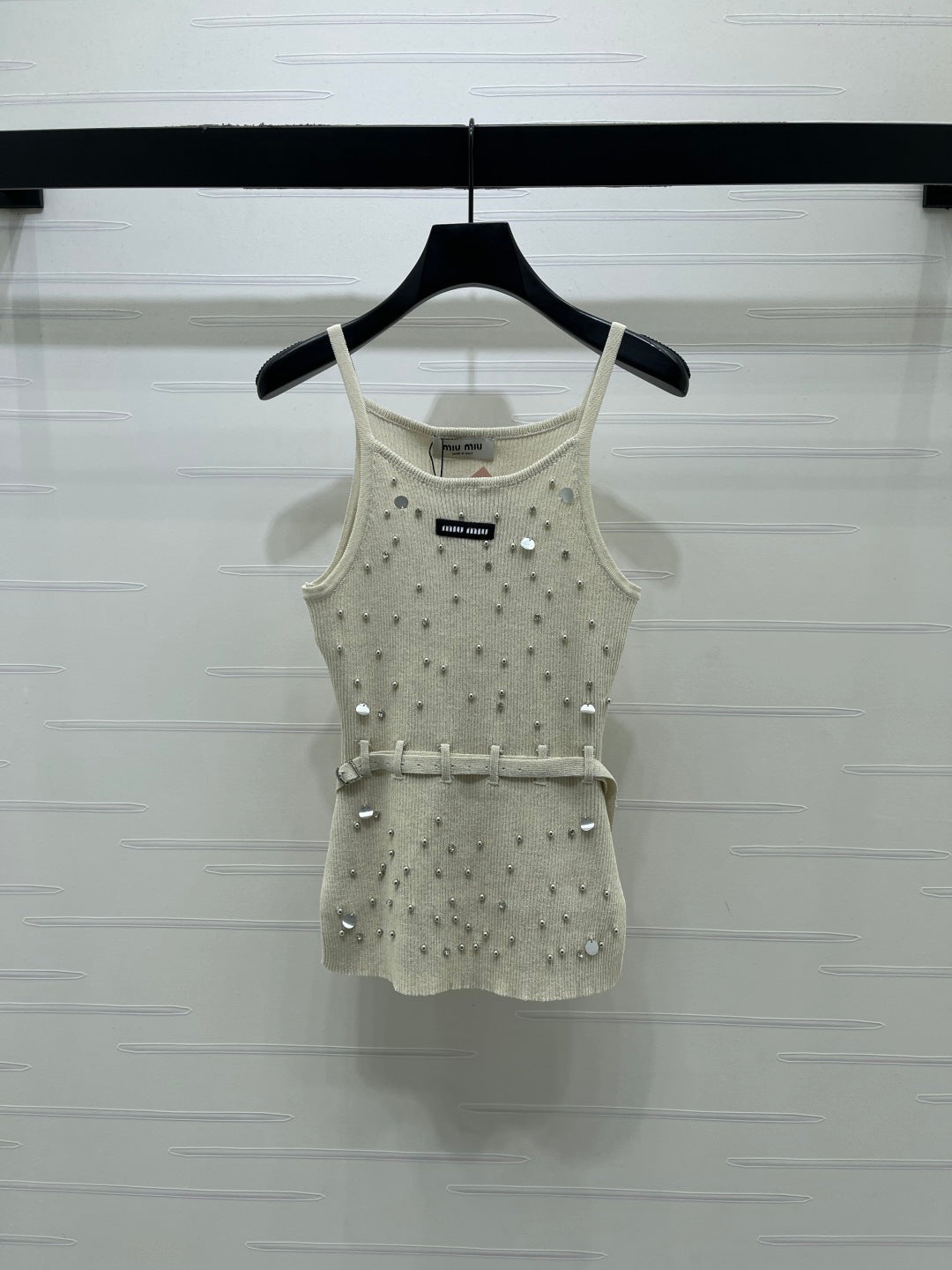 Miumiu 2026 Knit Top With Crystal Details And Belted Waist Wool