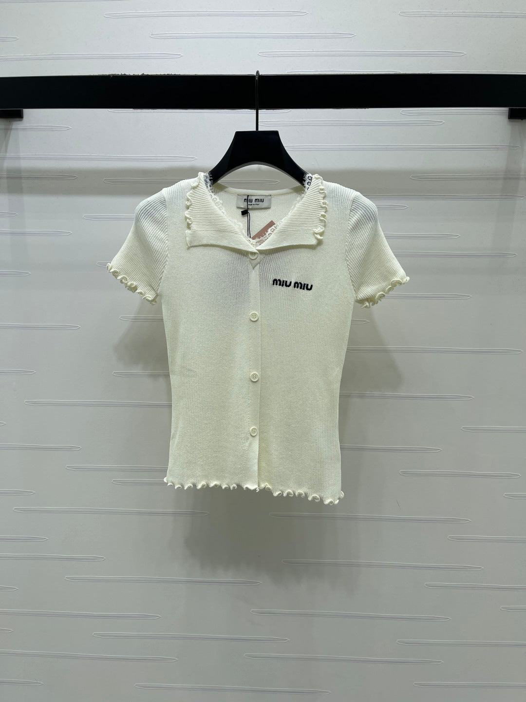 Miumiu 2026 Lace Collar T-shirt Cream and Purple Wool