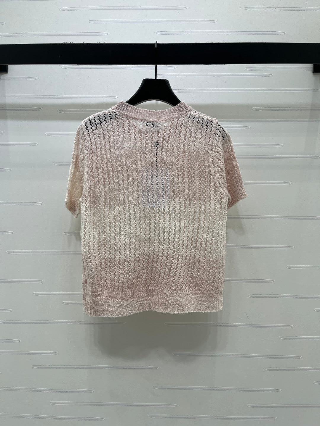 Chanel 2026 Short-sleeve Openwork Knit Sweater Blue and Pink Wool Polyester