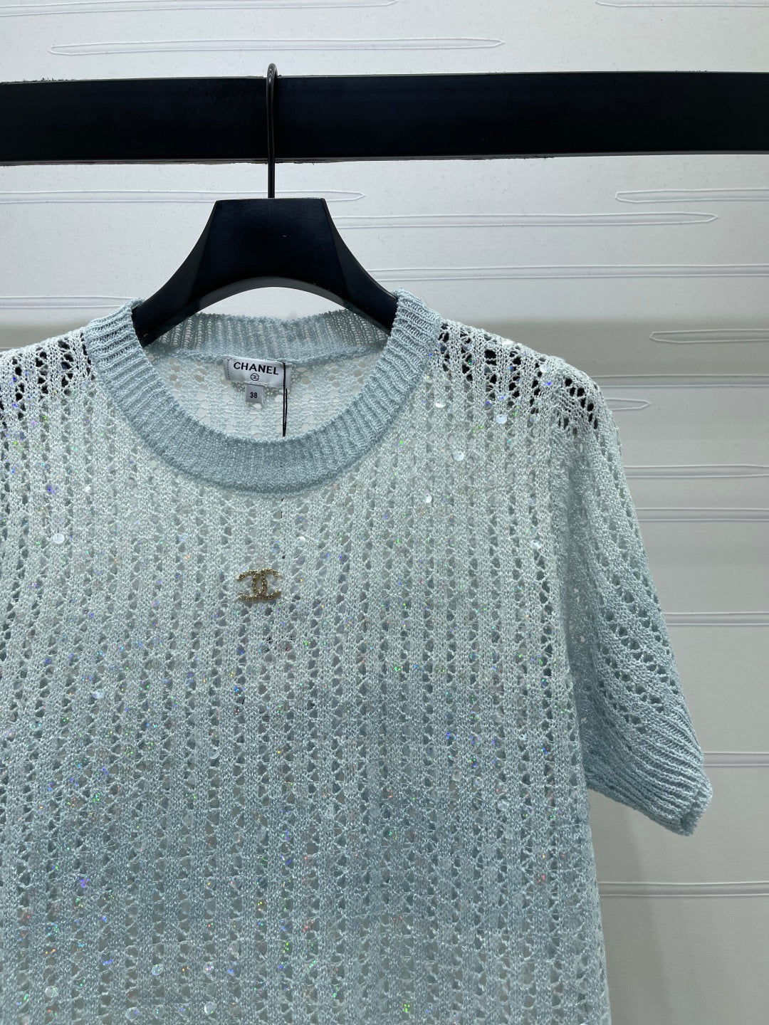 Chanel 2026 Short-sleeve Openwork Knit Sweater Blue and Pink Wool Polyester