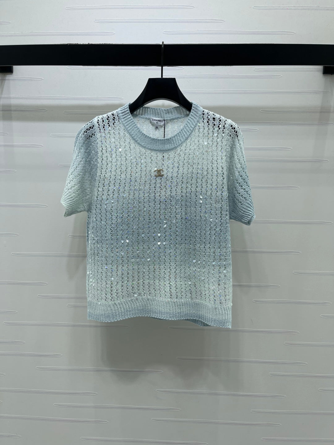 Chanel 2026 Short-sleeve Openwork Knit Sweater Blue and Pink Wool Polyester
