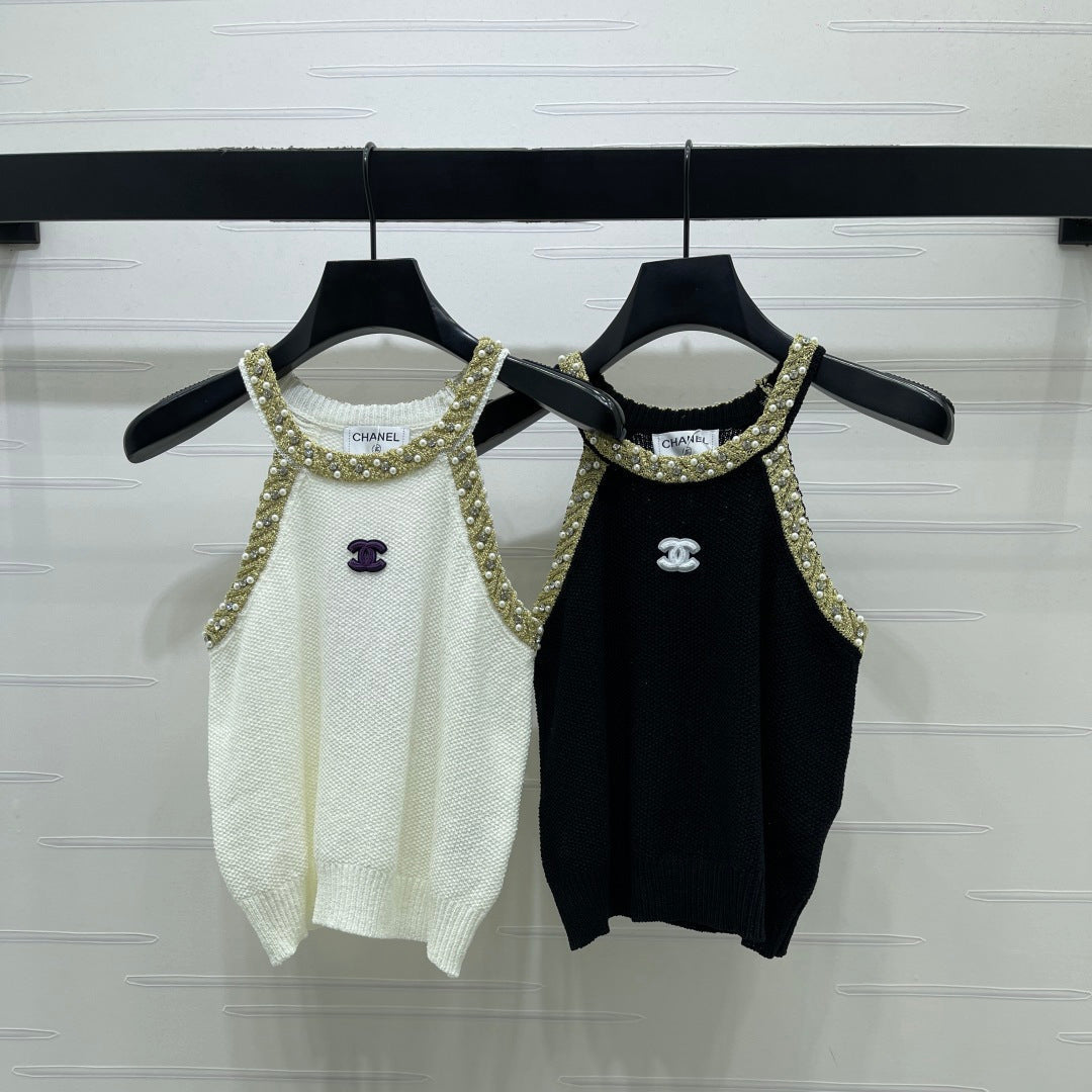 Chanel 2026 Halter-neck Knit Top White and Black Wool Acrylic