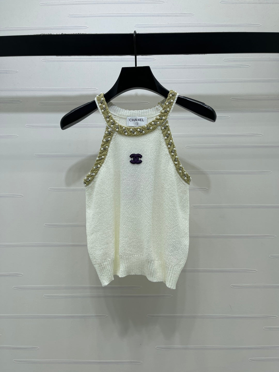 Chanel 2026 Halter-neck Knit Top White and Black Wool Acrylic