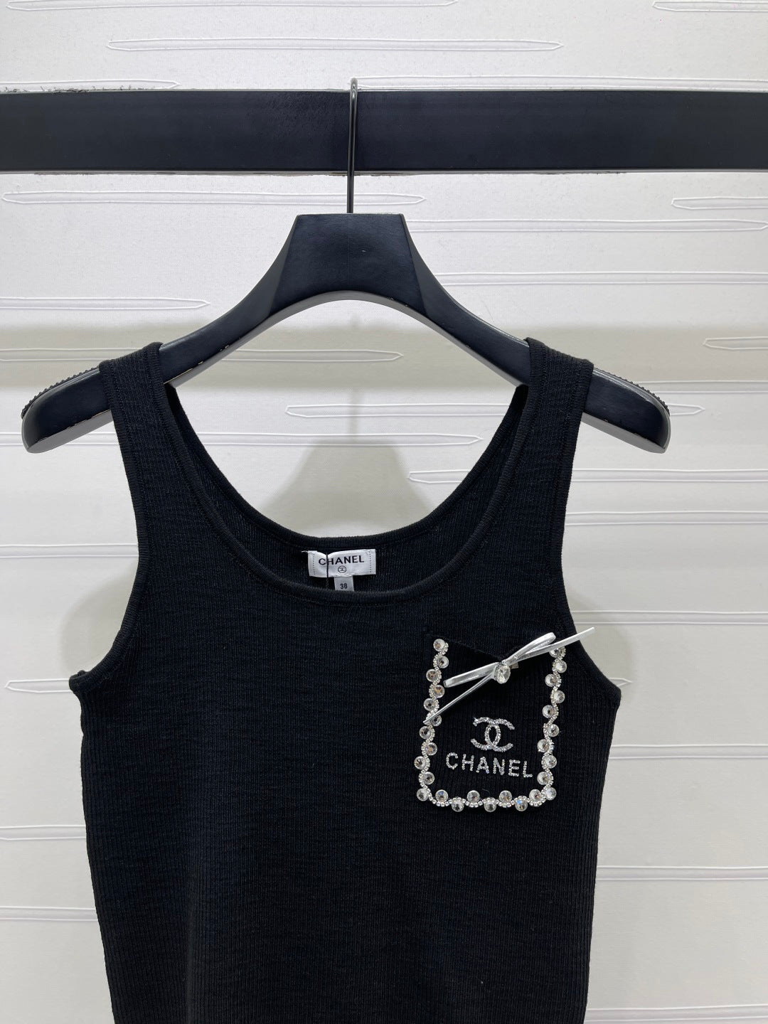 Chanel 2026 Rhinestone Pocket Vest Black and White Tencel Wool 359824