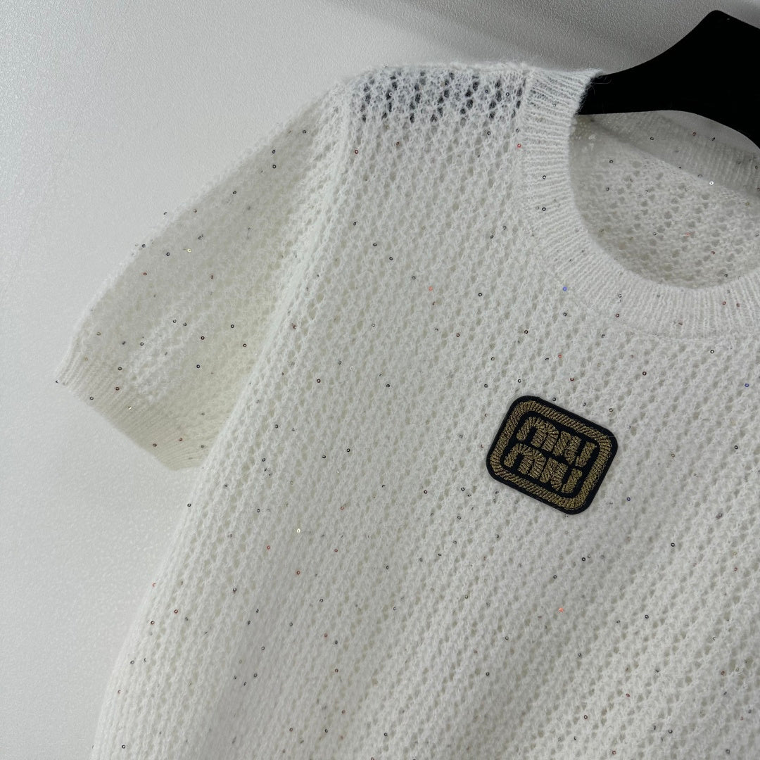 Miumiu 2026 Sequined Knit Short-sleeved Top Wool Polyester 362383