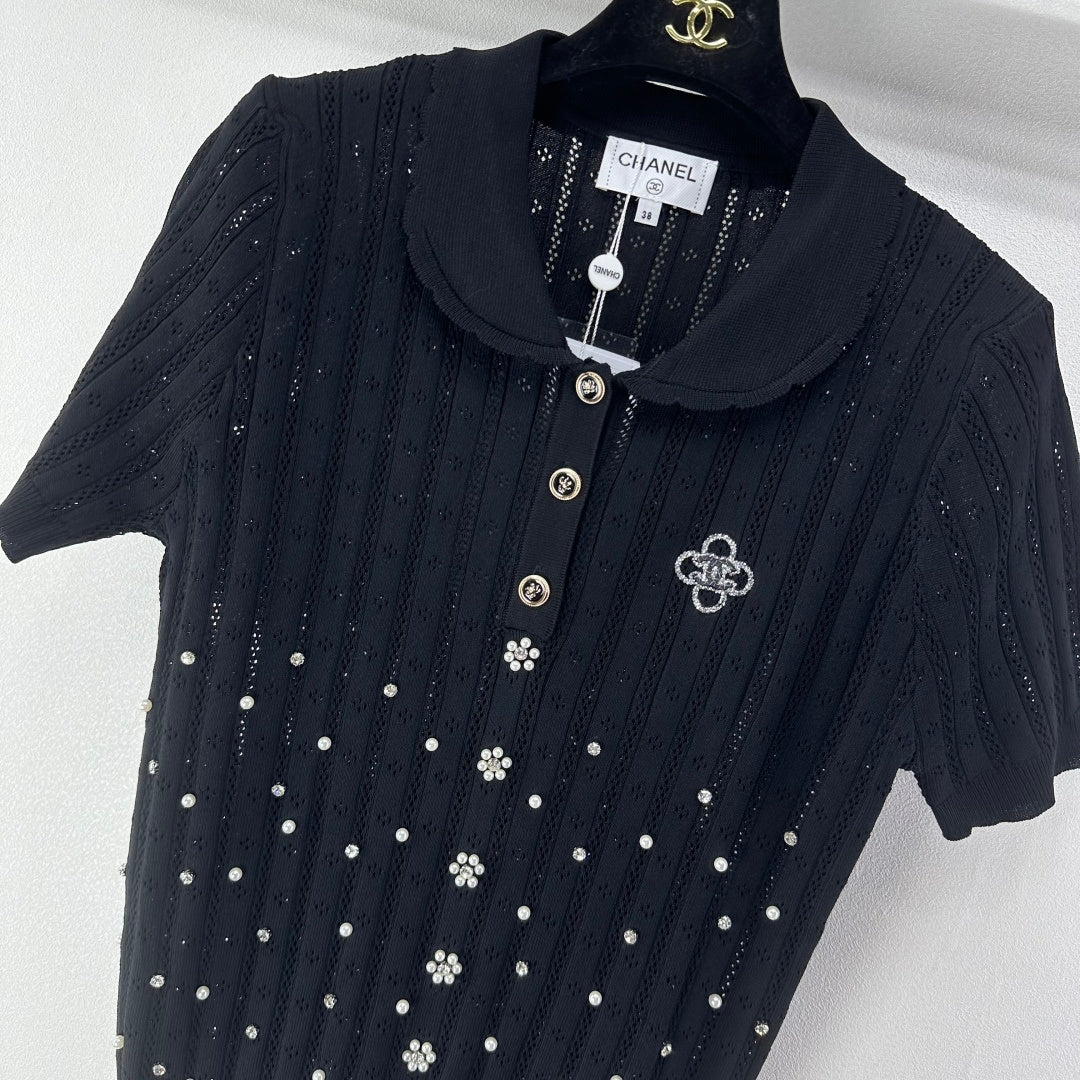Chanel 2026 Beaded Knit Short-sleeved Top Wool Nylon 368304