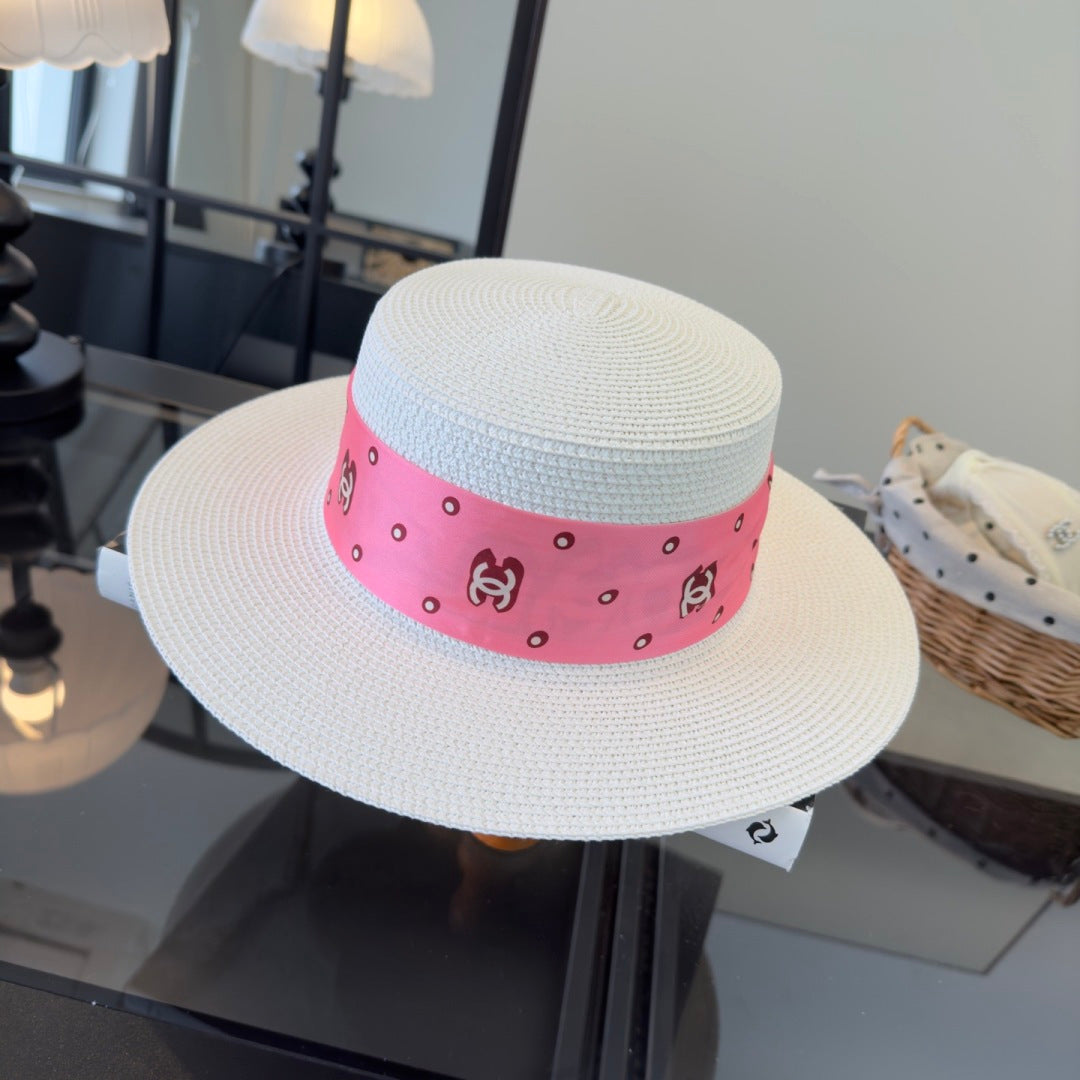 Chanel Flat-top Straw Hat With Silk Bow 279632