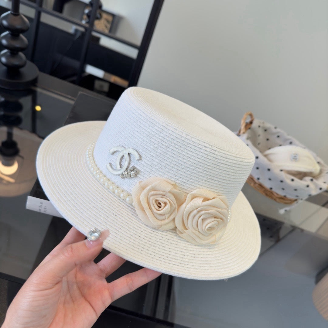 Chanel Flat-top Straw Hat With Flower Pearl 269016