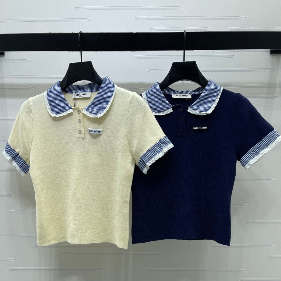 Miumiu 2026 Polo Shirts With Checkered Collar And Lace Trim Wool 332264