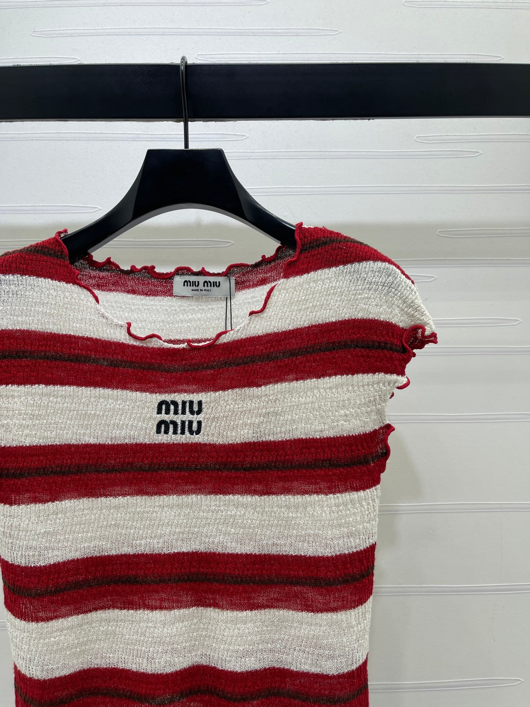 Miumiu 2026 Color-blocked Striped Knit Short-sleeved Top Cotton 380669