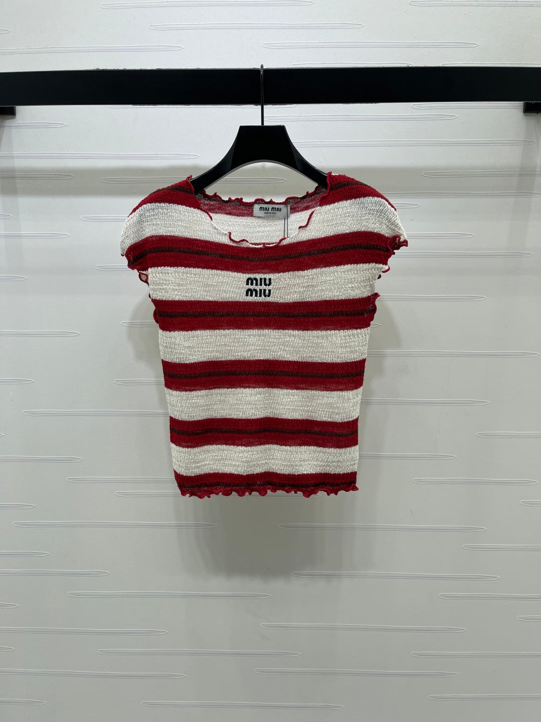 Miumiu 2026 Color-blocked Striped Knit Short-sleeved Top Cotton 380669