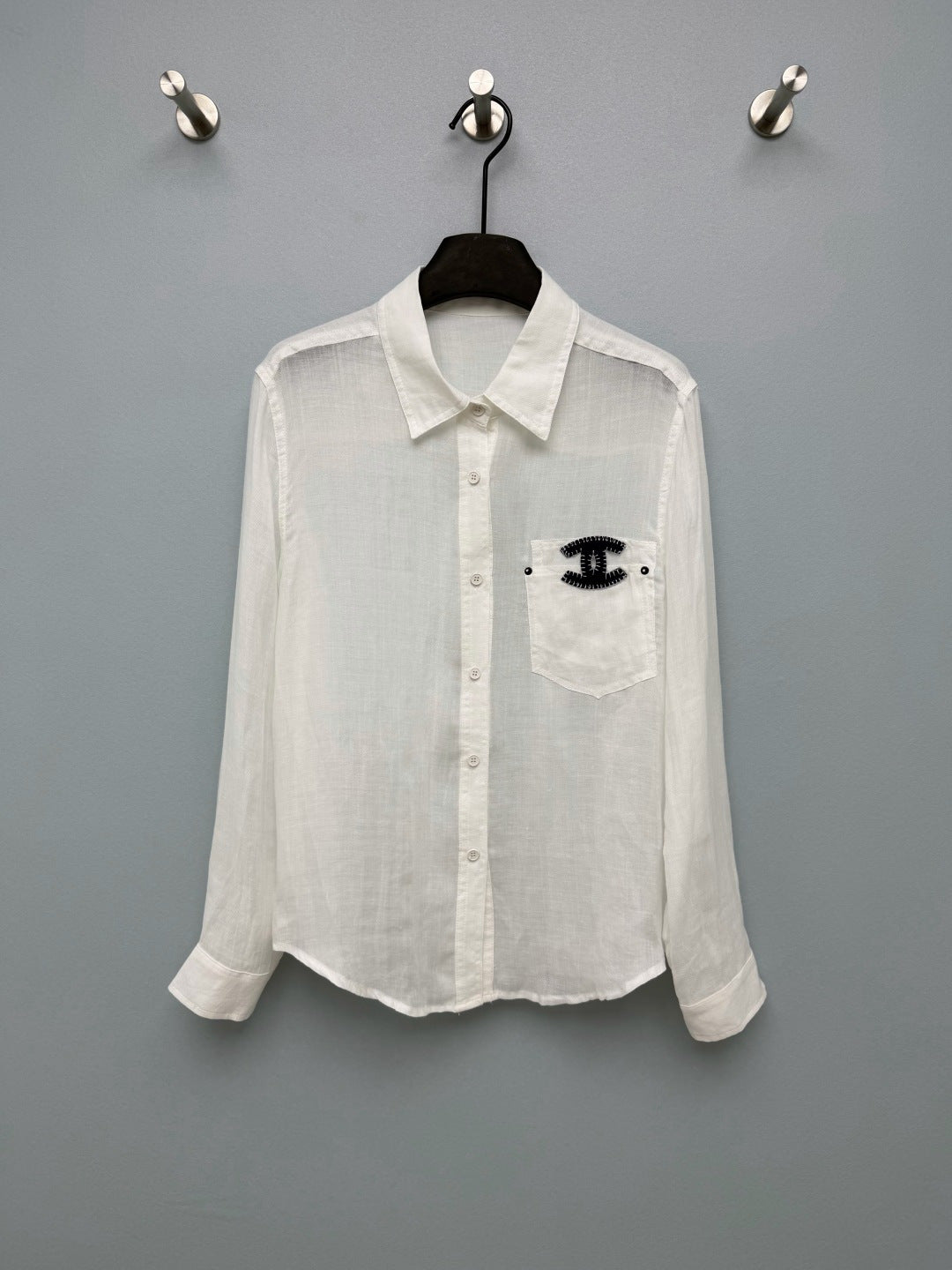 Chanel 2026 Double C Embroidery Shirt White and Navy Blue Cotton 392370