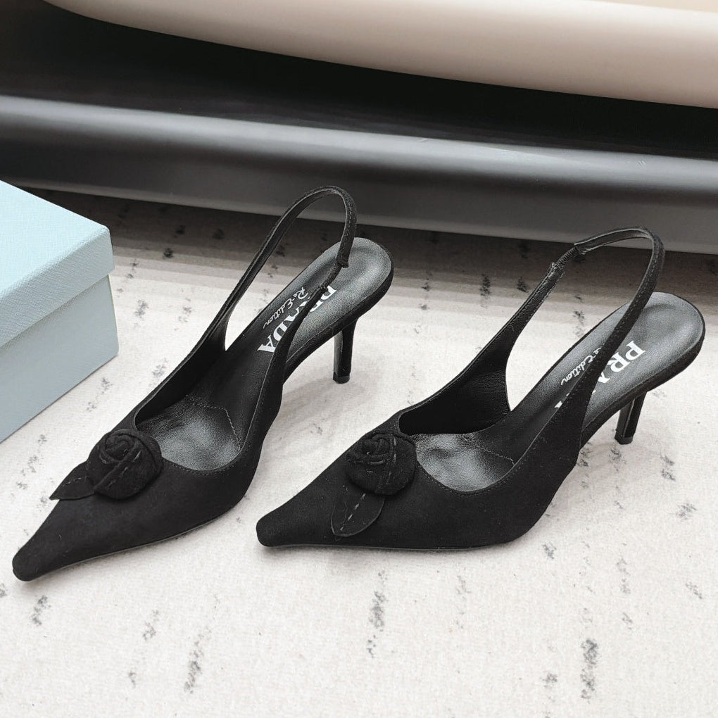 Prada 2026 Rosette Pointed-Toe Shoe 80mm Suede Leather 176075