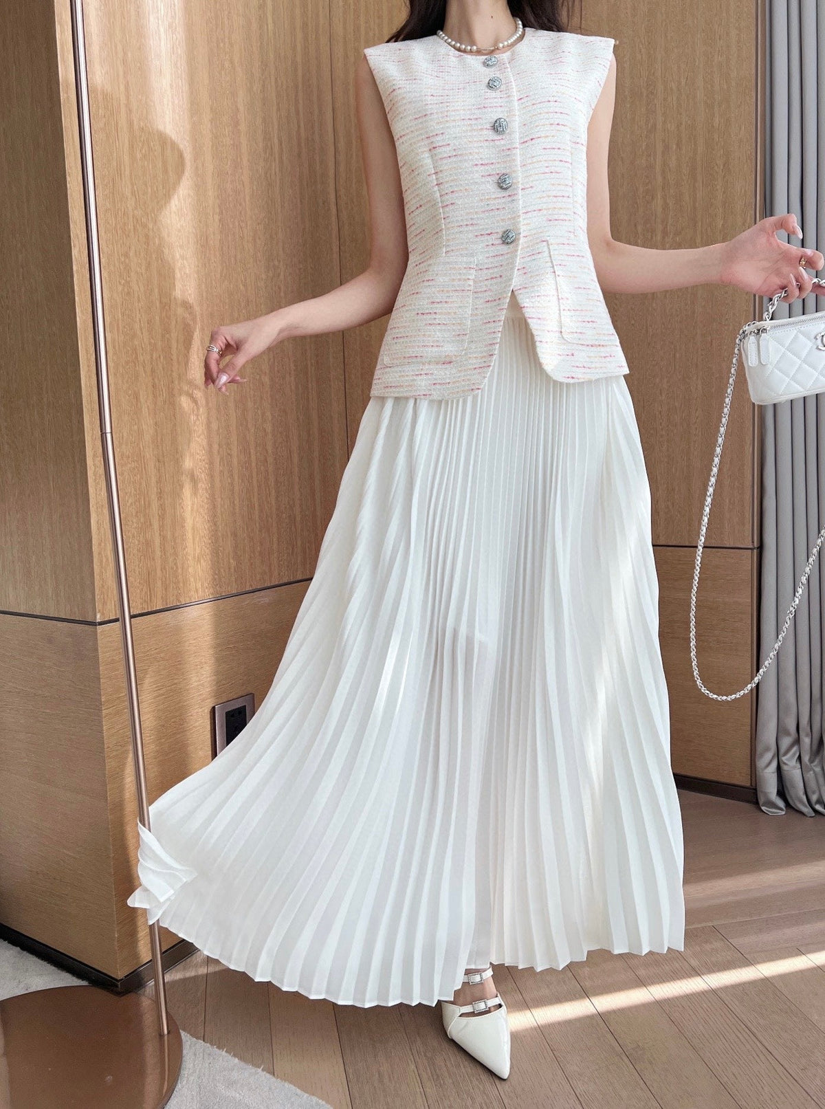 CC 25 Braided Vest And Pleated Skirt Multicolor Imported Fabric