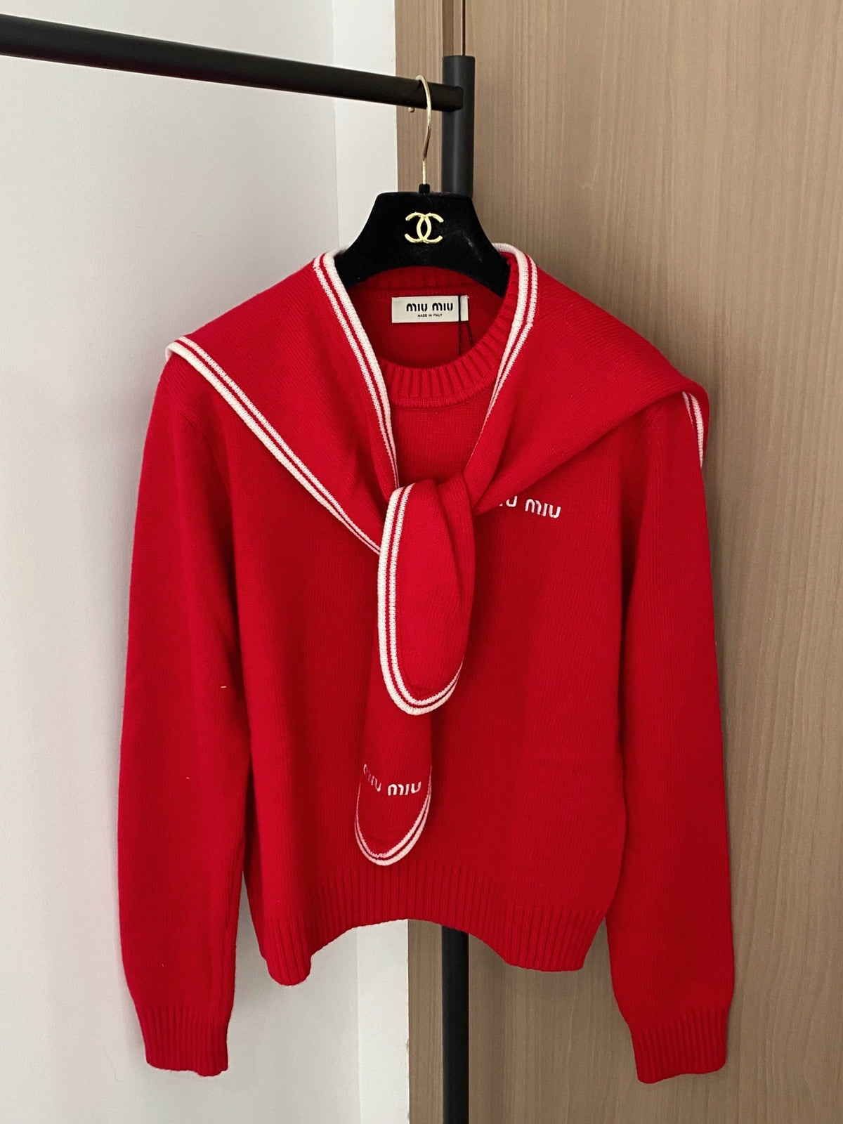 Miumiu 2025 Sailor Sweater Red and Navy Blue Wool