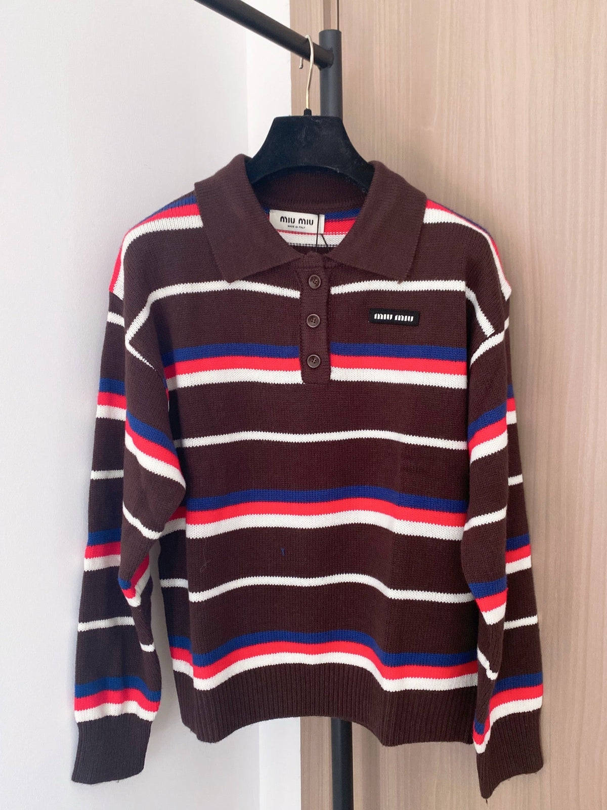 Miumiu 2025 Striped Knit Polo Shirt Blue and Brown Wool