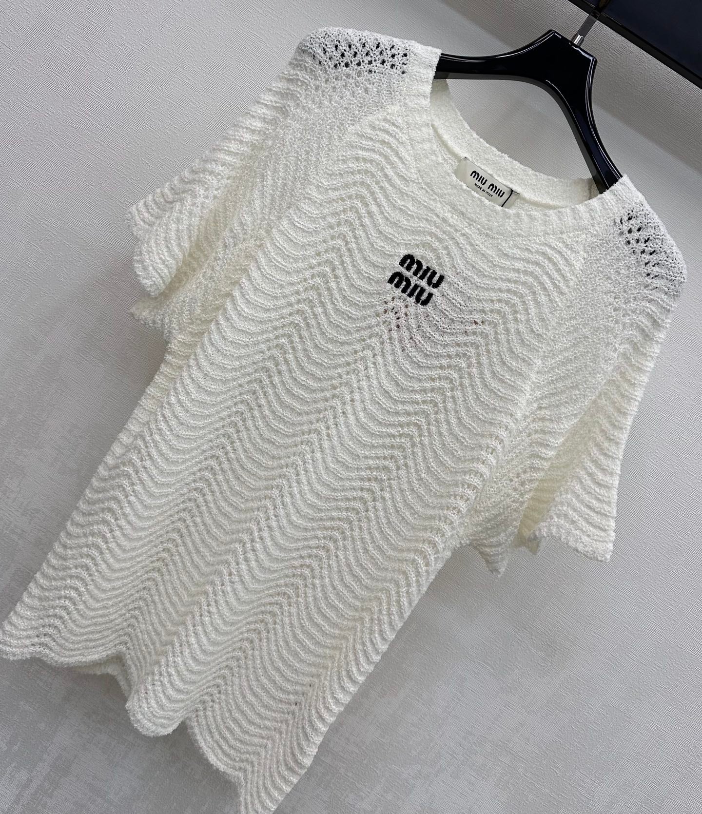 Miu Miu 2026 Wavy Pattern Short-Sleeve Knitwear Black and White Wool