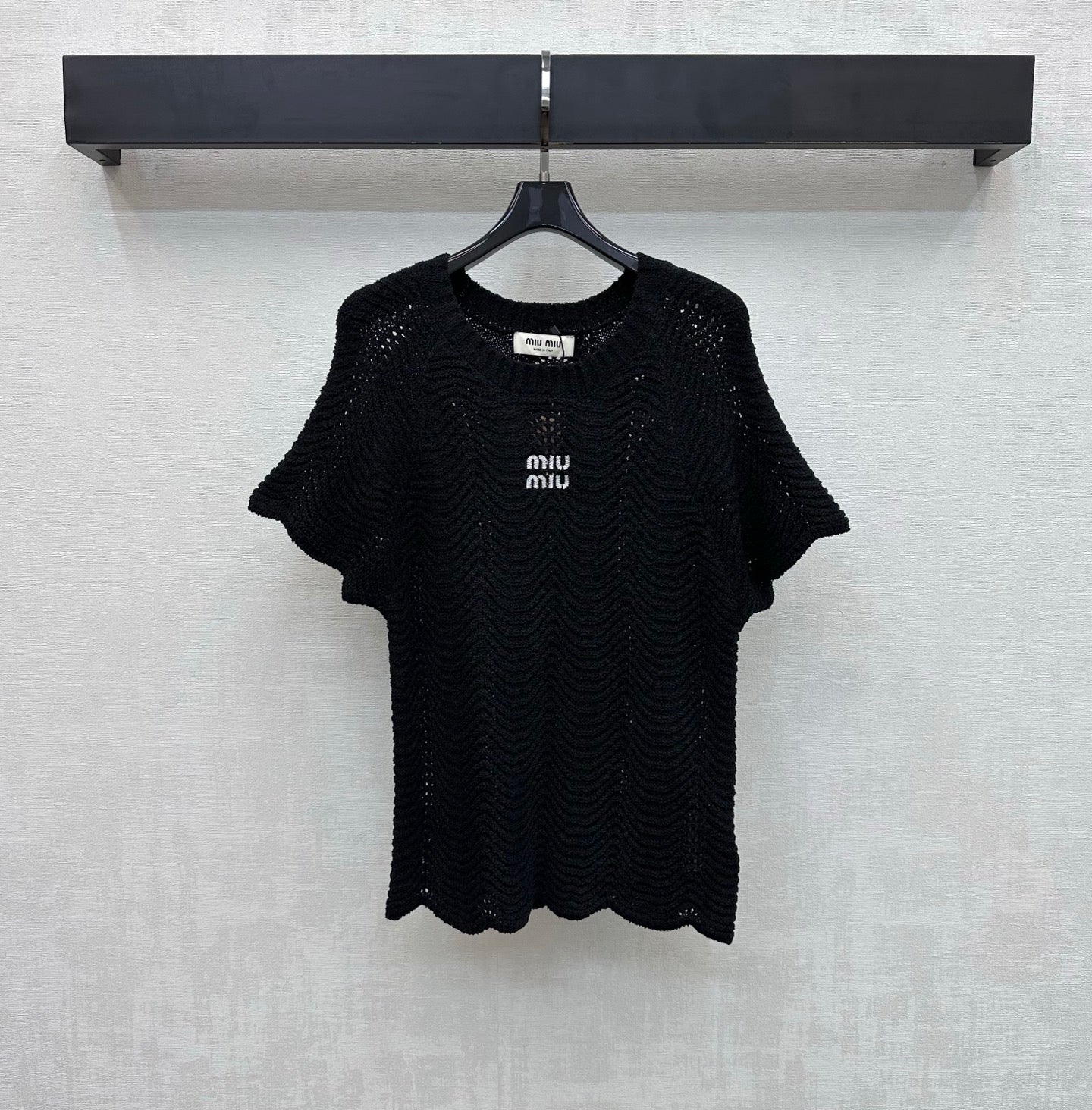 Miu Miu 2026 Wavy Pattern Short-Sleeve Knitwear Black and White Wool