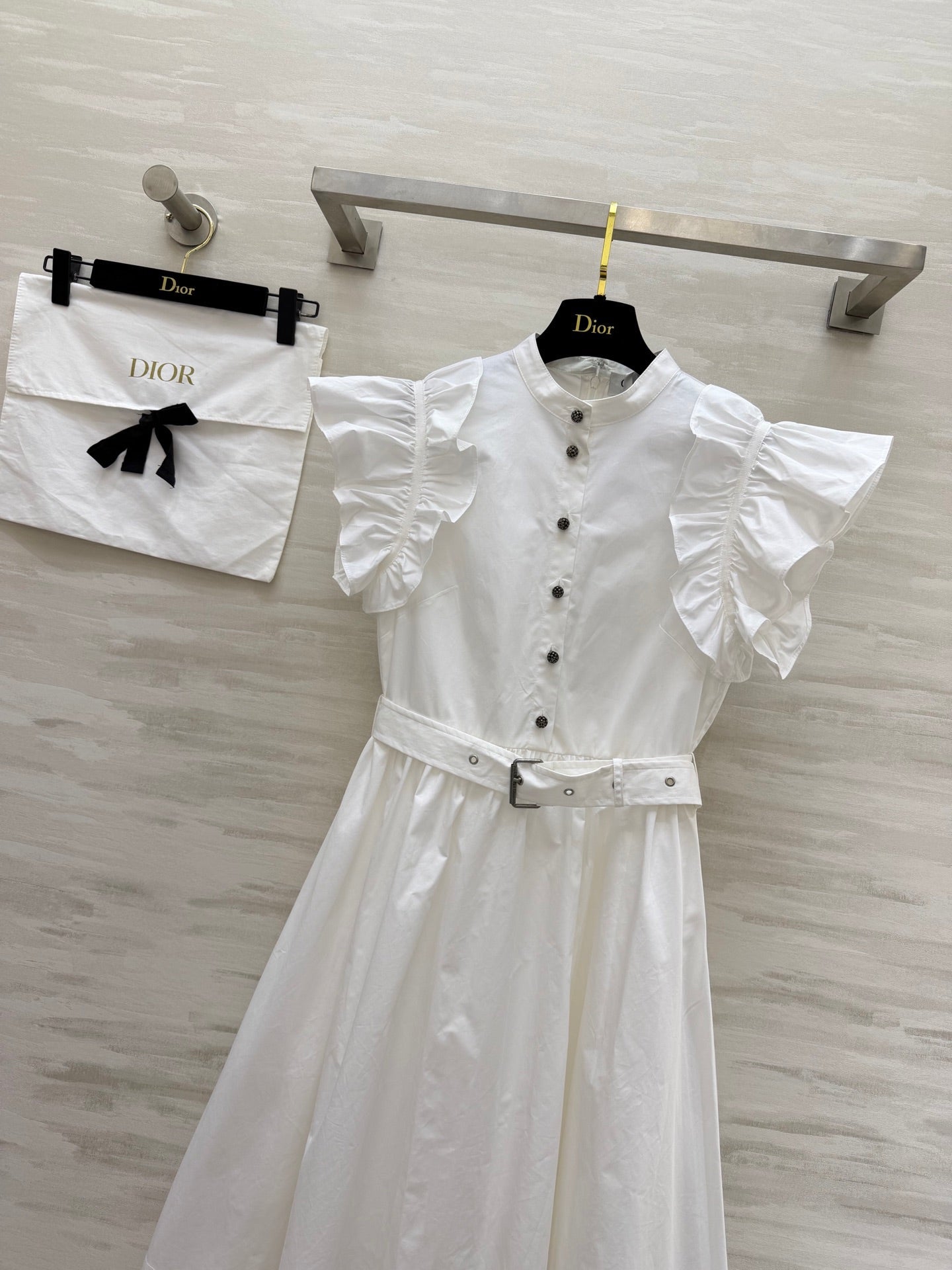 Dior 2026 Ruffled Shirt Dresses With Belt Black White Cotton 358341