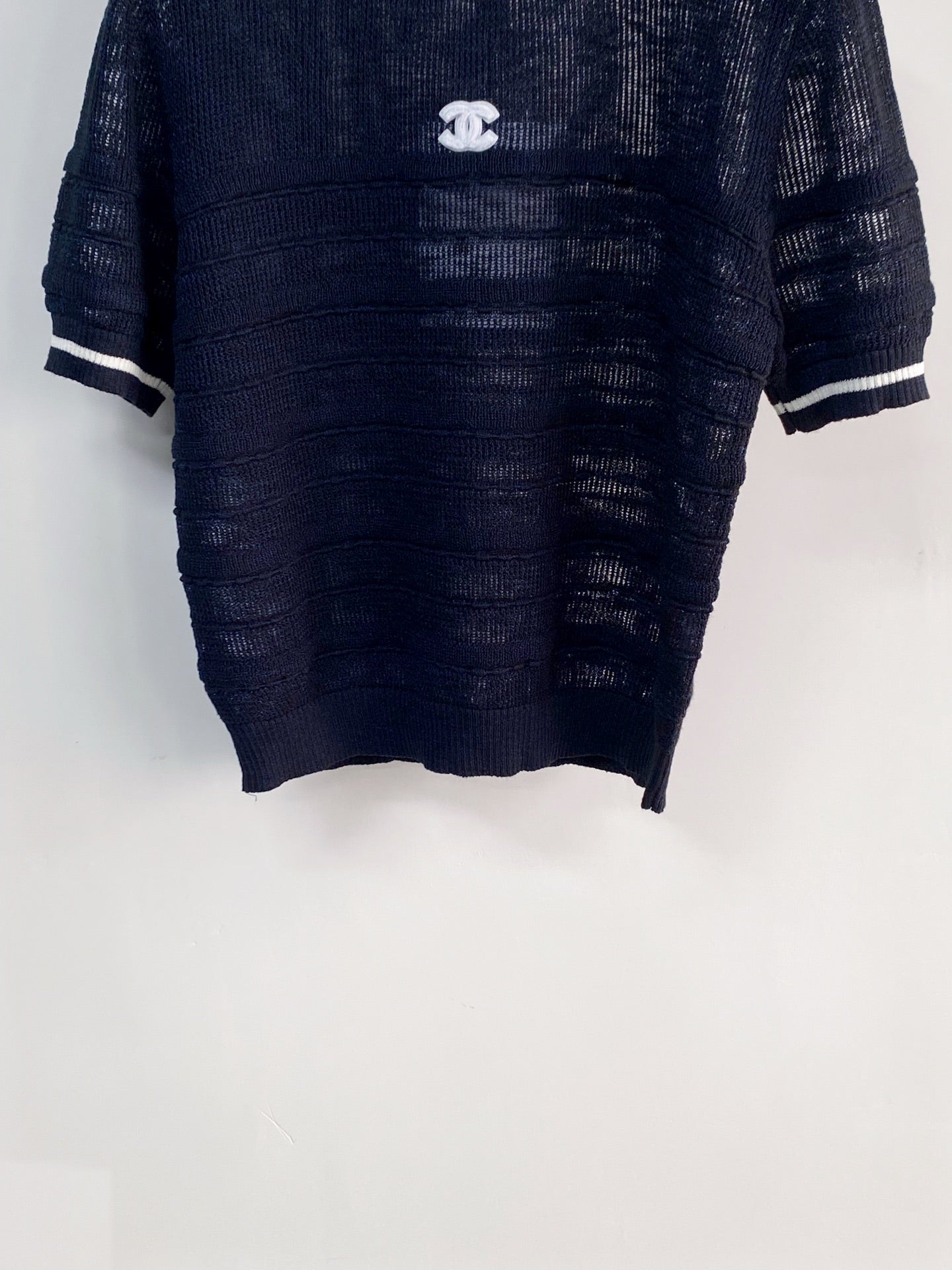 Chanel 2026 Short-sleeved Shirt Navy Blue White Tencel Cotton 166800