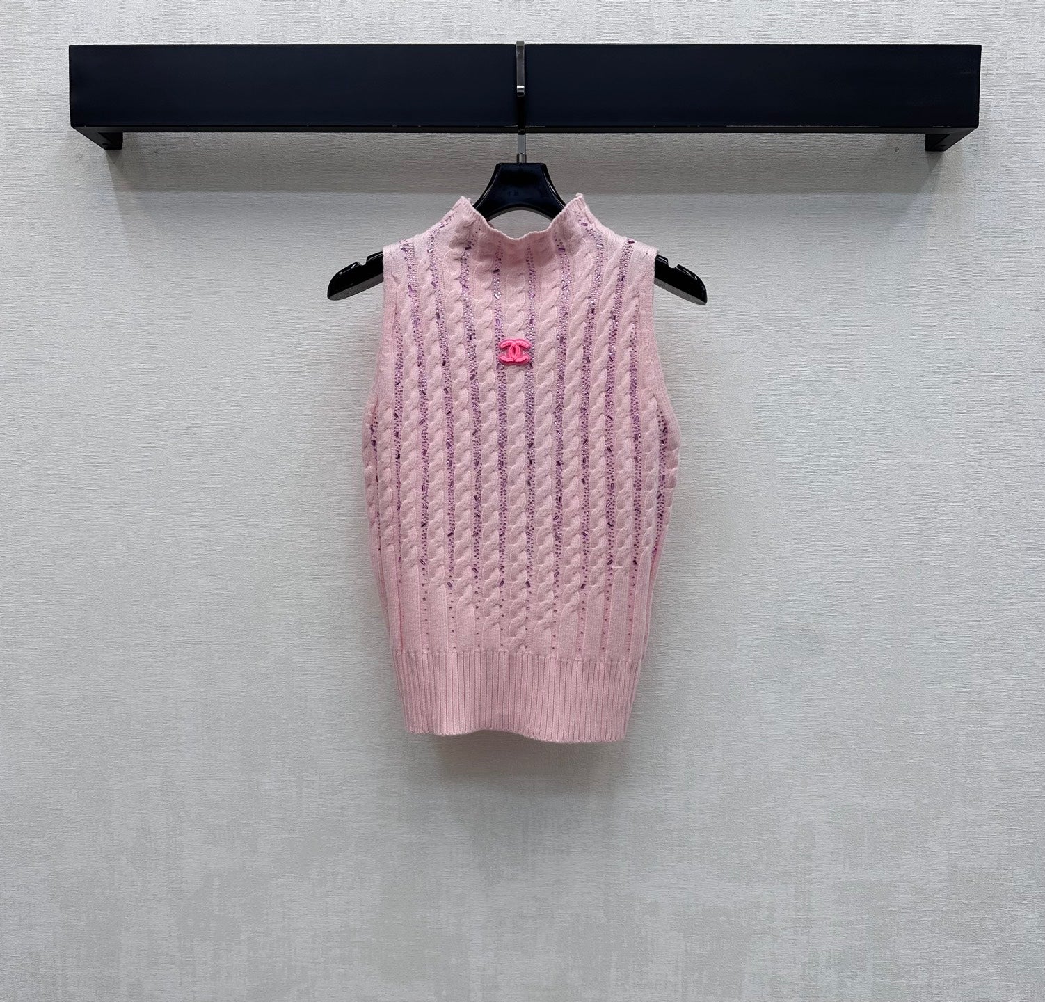 Chanel 2026 Rhinestone Stand Collar Knit Vest Wool Polyester 374938